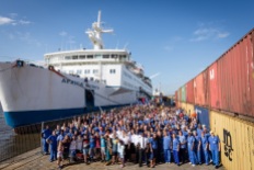 The Africa Mercy crew gathered together down on the dock for a picture to celebrate the International Charity Day